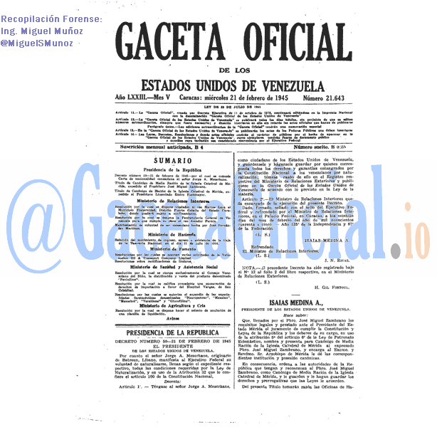 Gaceta Oficial 21643 del 21 Febrero 1945
