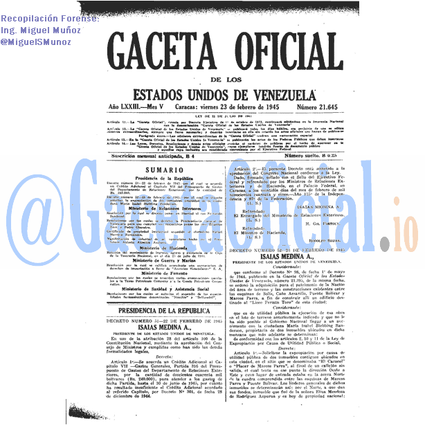 Gaceta Oficial 21645 del 23 Febrero 1945