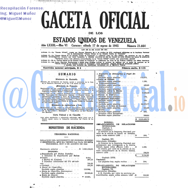Gaceta Oficial 21664 del 17 Marzo 1945