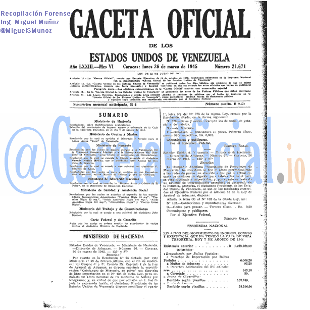 Gaceta Oficial 21671 del 26 Marzo 1945