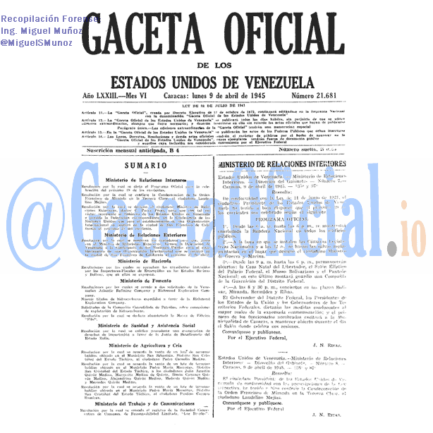 Gaceta Oficial 21681 del 9 Abril 1945
