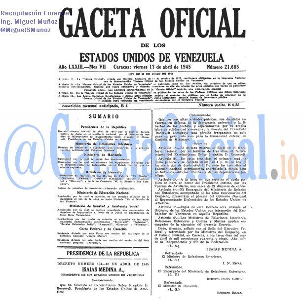 Gaceta Oficial 21685 del 13 Abril 1945