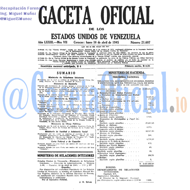 Gaceta Oficial 21687 del 16 Abril 1945