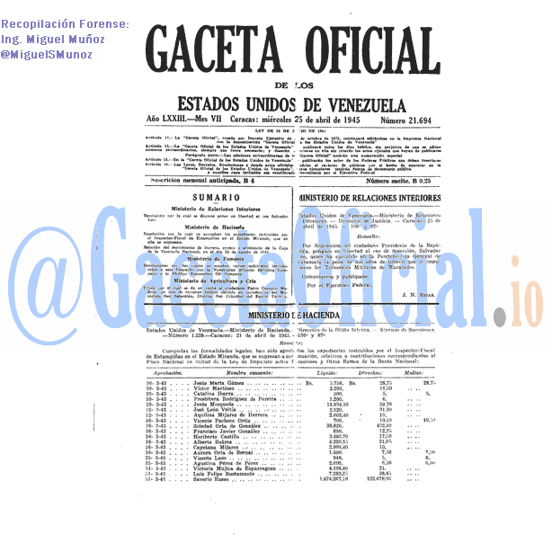Gaceta Oficial 21694 del 25 Abril 1945