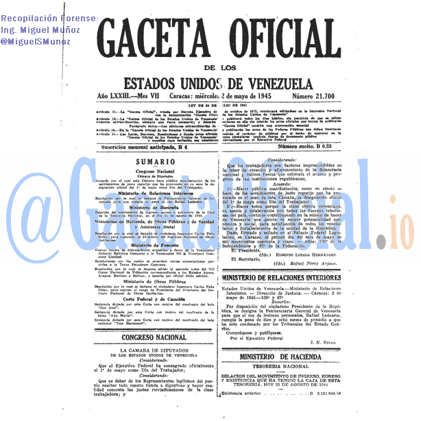 Gaceta Oficial 21700 del 2 Mayo 1945