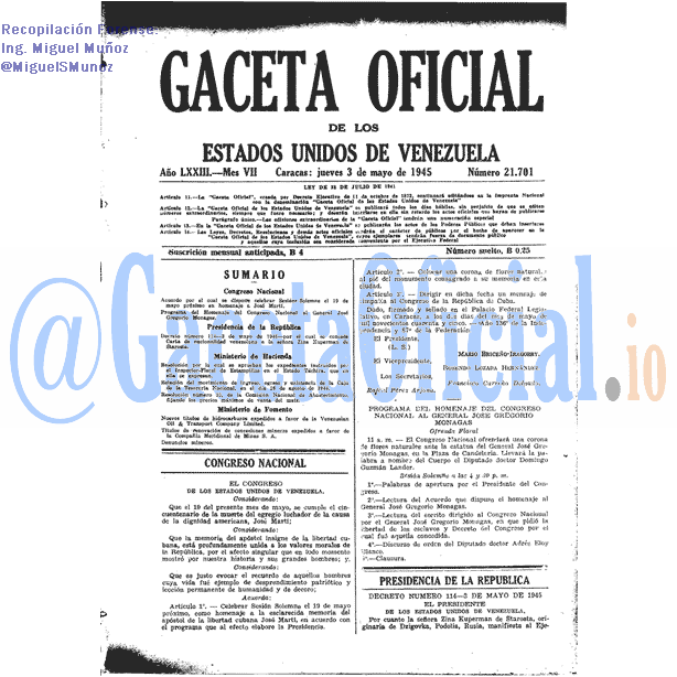 Gaceta Oficial 21701 del 3 Mayo 1945