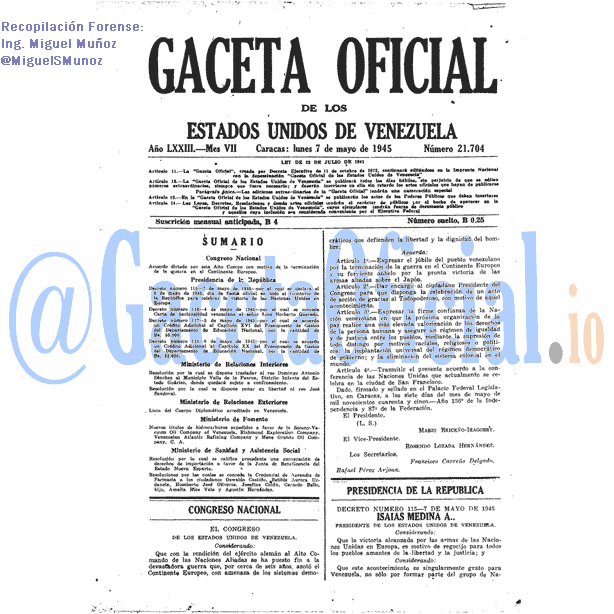 Gaceta Oficial 21704 del 7 Mayo 1945