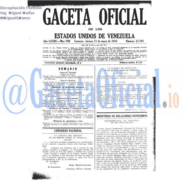 Gaceta Oficial 21707 del 11 Mayo 1945
