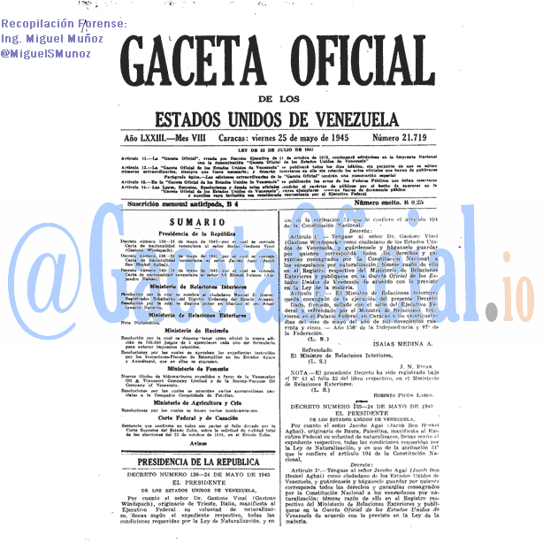 Gaceta Oficial 21719 del 25 Mayo 1945