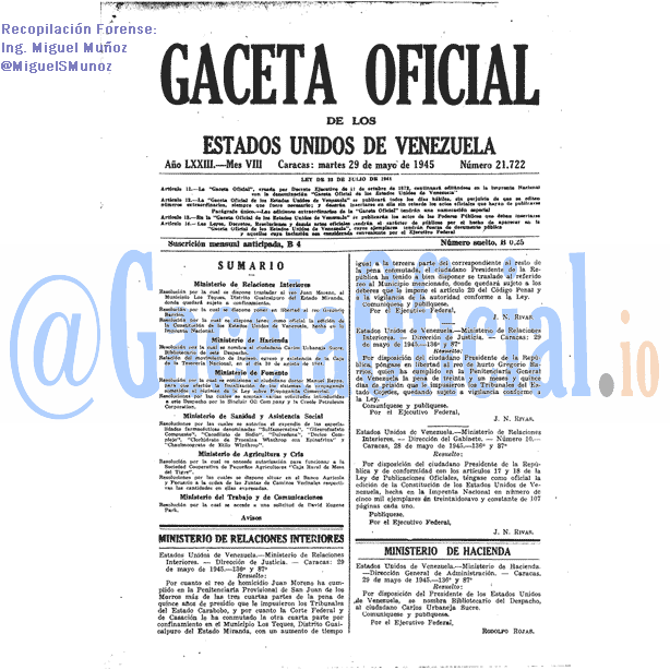 Gaceta Oficial 21722 del 29 Mayo 1945