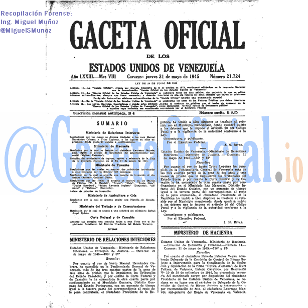 Gaceta Oficial 21724 del 31 Mayo 1945