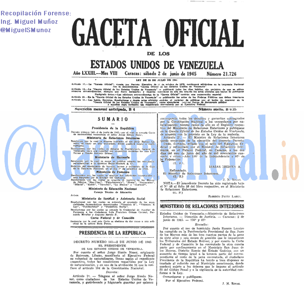 Gaceta Oficial 21726 del 2 Junio 1945