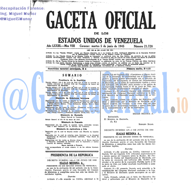 Gaceta Oficial 21728 del 5 Junio 1945