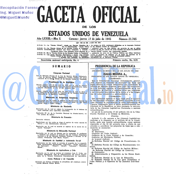 Gaceta Oficial 21765 del 19 Julio 1945