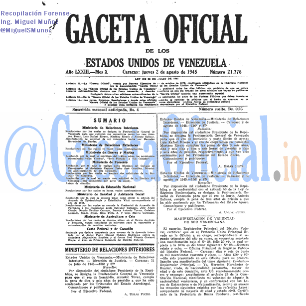 Gaceta Oficial 21776 del 2 Agosto 1945