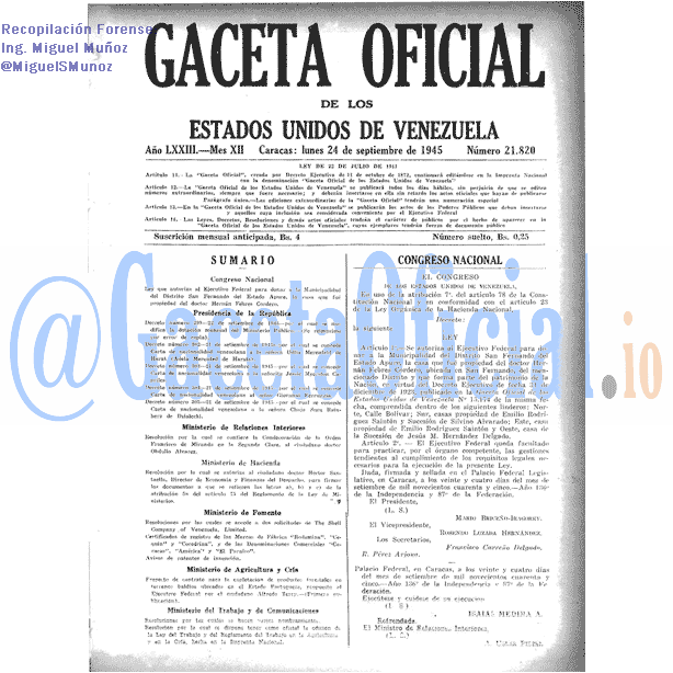 Gaceta Oficial 21820 del 24 Septiembre 1945