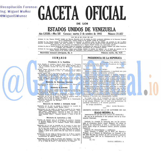Gaceta Oficial 21827 del 2 Octubre 1945