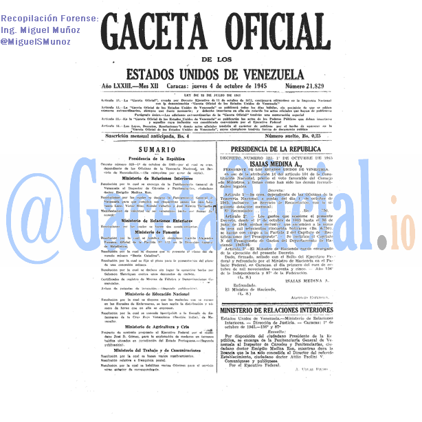 Gaceta Oficial 21829 del 4 Octubre 1945