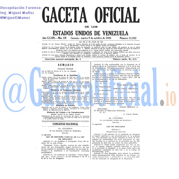 Gaceta Oficial 21833 del 9 Octubre 1945