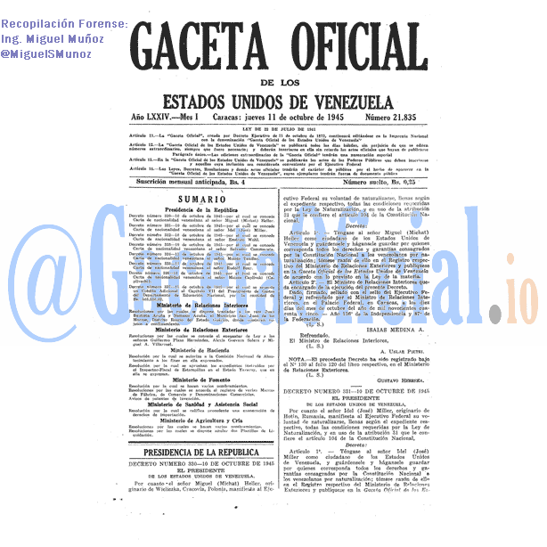 Gaceta Oficial 21835 del 11 Octubre 1945