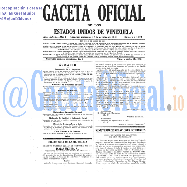 Gaceta Oficial 21839 del 17 Octubre 1945