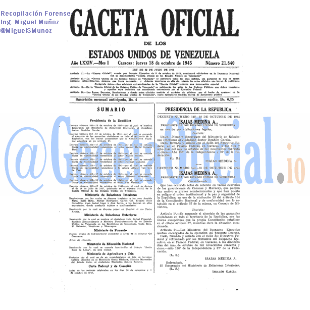 Gaceta Oficial 21840 del 18 Octubre 1945