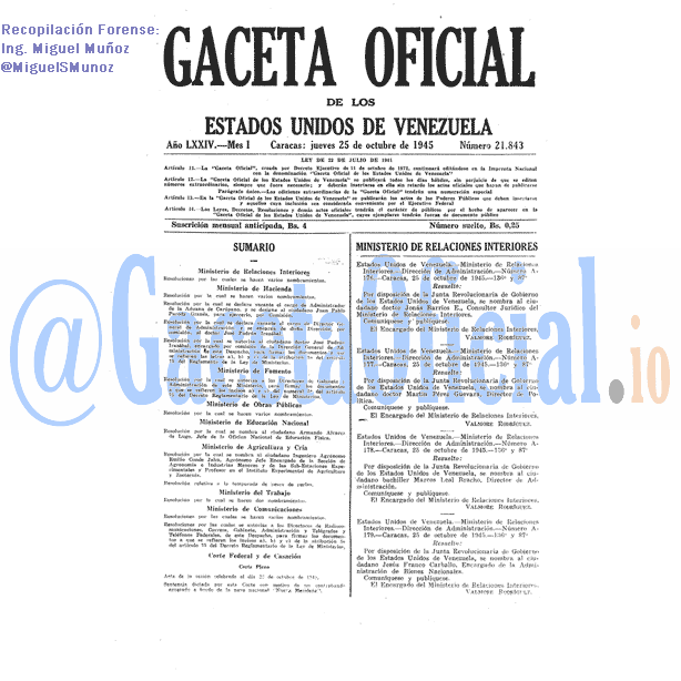 Gaceta Oficial 21843 del 25 Octubre 1945
