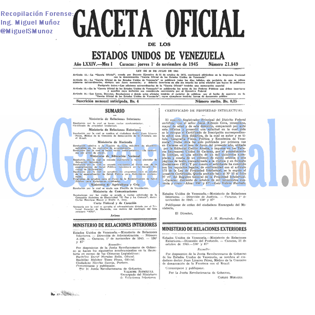 Gaceta Oficial 21849 del 1 Noviembre 1945