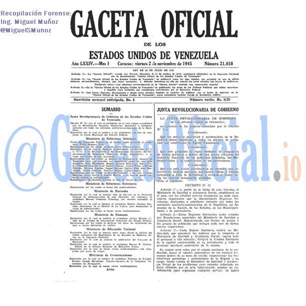Gaceta Oficial 21850 del 2 Noviembre 1945