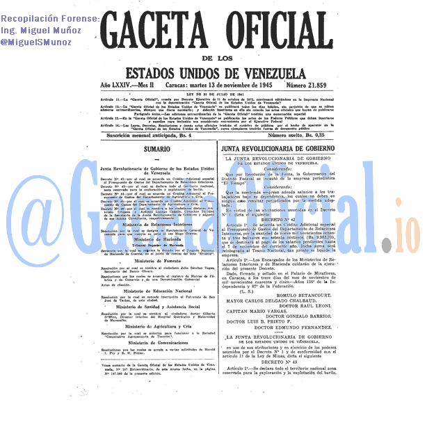 Gaceta Oficial 21859 del 13 Noviembre 1945