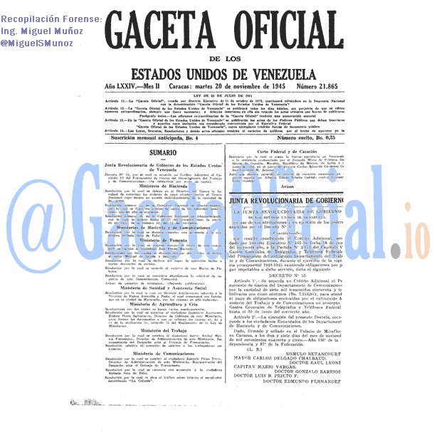 Gaceta Oficial 21865 del 20 Noviembre 1945