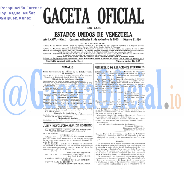 Gaceta Oficial 21866 del 21 Noviembre 1945