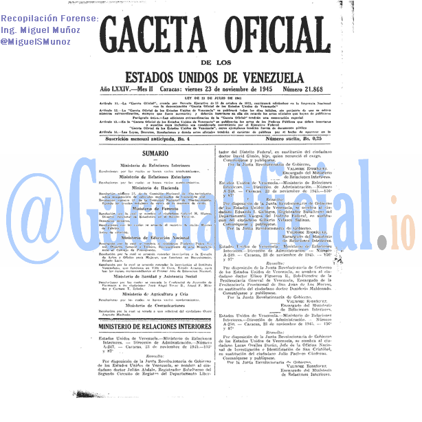 Gaceta Oficial 21868 del 23 Noviembre 1945