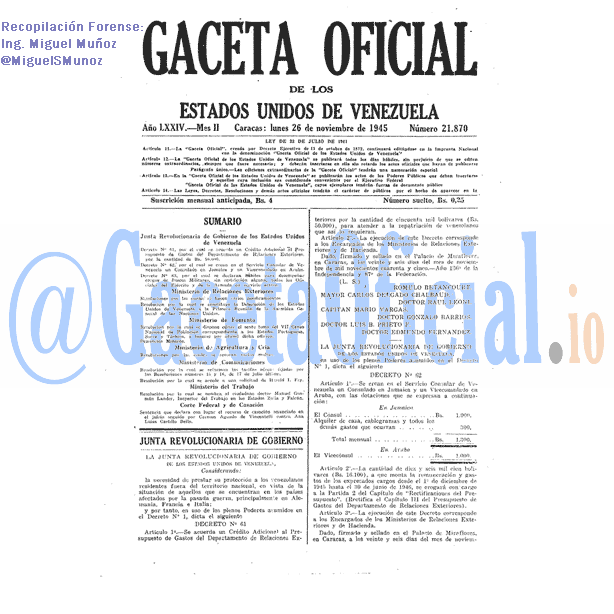 Gaceta Oficial 21870 del 26 Noviembre 1945