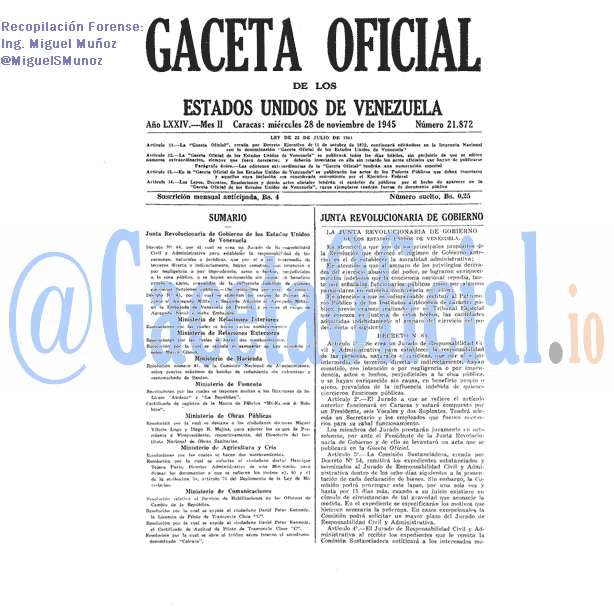 Gaceta Oficial 21872 del 28 Noviembre 1945