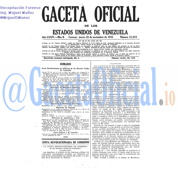 Gaceta Oficial 21873 del 29 Noviembre 1945