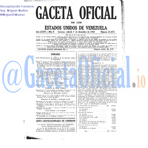 Gaceta Oficial 21875 del 1 Diciembre 1945