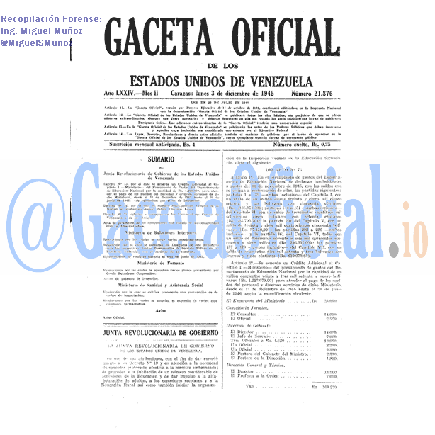 Gaceta Oficial 21876 del 3 Diciembre 1945