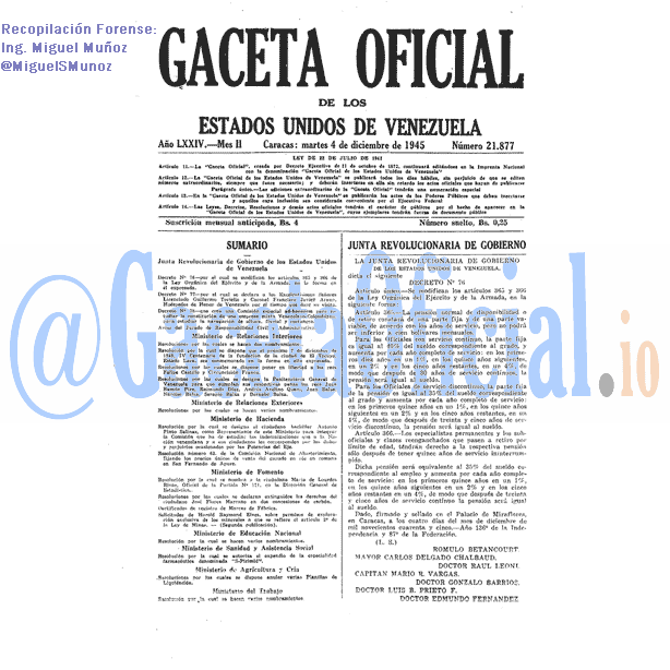 Gaceta Oficial 21877 del 4 Diciembre 1945