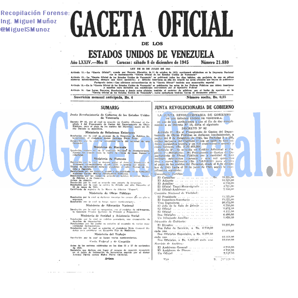 Gaceta Oficial 21880 del 8 Diciembre 1945