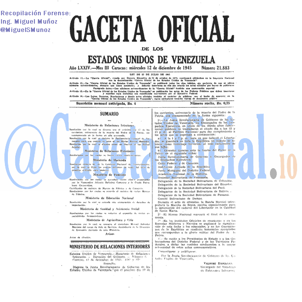 Gaceta Oficial 21883 del 12 Diciembre 1945