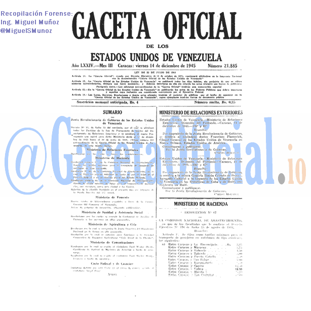 Gaceta Oficial 21885 del 14 Diciembre 1945