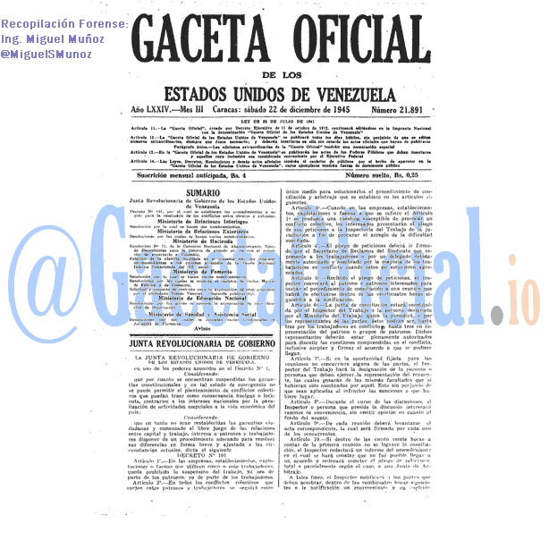 Gaceta Oficial 21891 del 22 Diciembre 1945