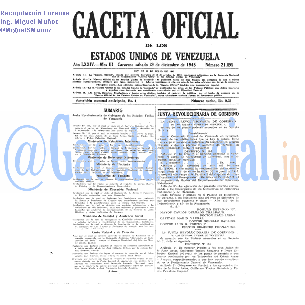 Gaceta Oficial 21895 del 29 Diciembre 1945