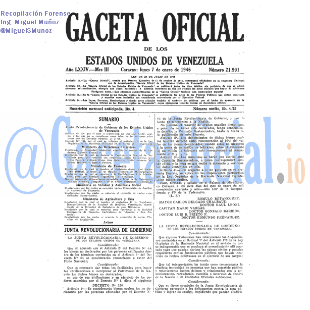 Gaceta Oficial 21901 del 7 Enero 1946