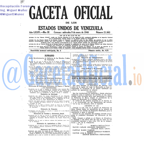 Gaceta Oficial 21903 del 9 Enero 1946