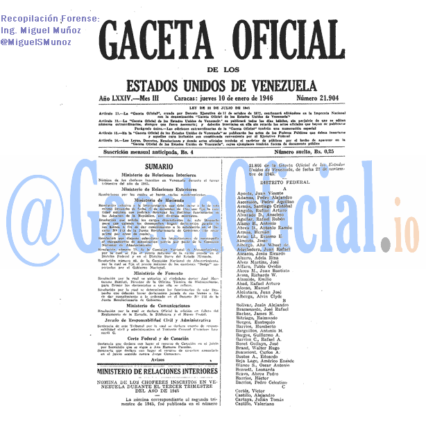 Gaceta Oficial 21904 del 10 Enero 1946