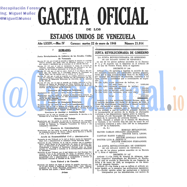 Gaceta Oficial 21914 del 22 Enero 1946
