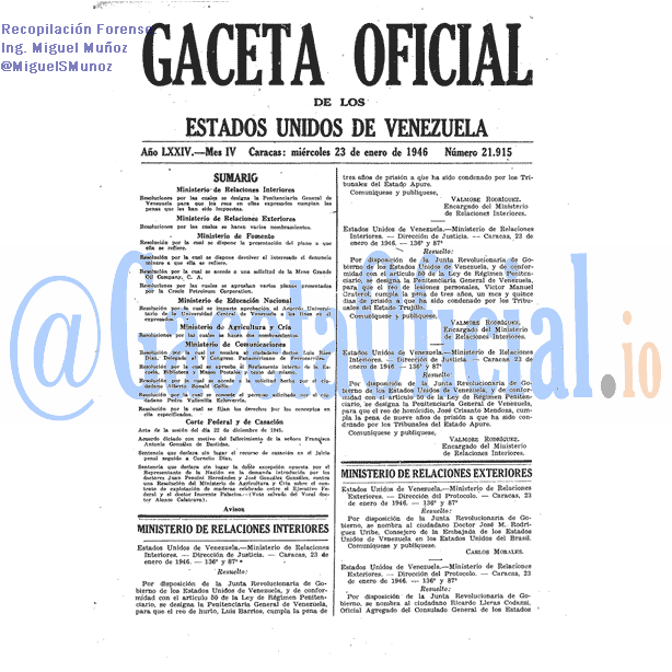 Gaceta Oficial 21915 del 23 Enero 1946