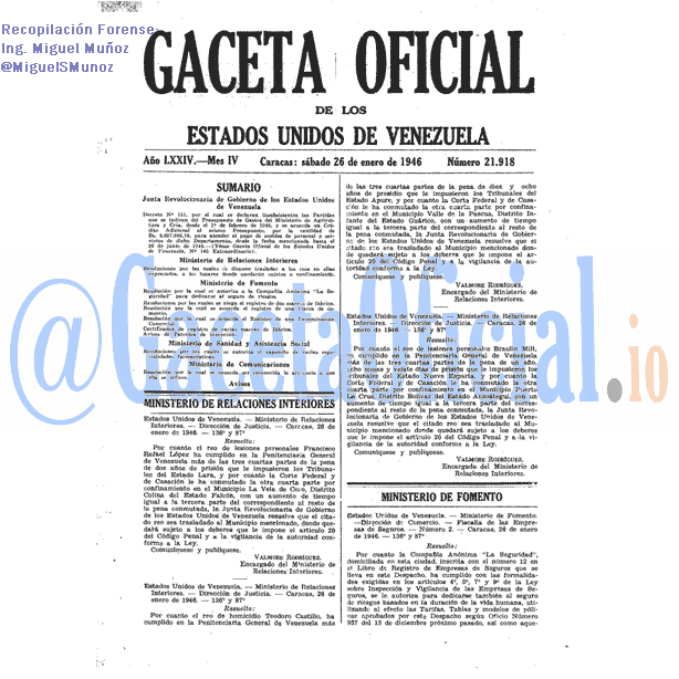 Gaceta Oficial 21918 del 26 Enero 1946